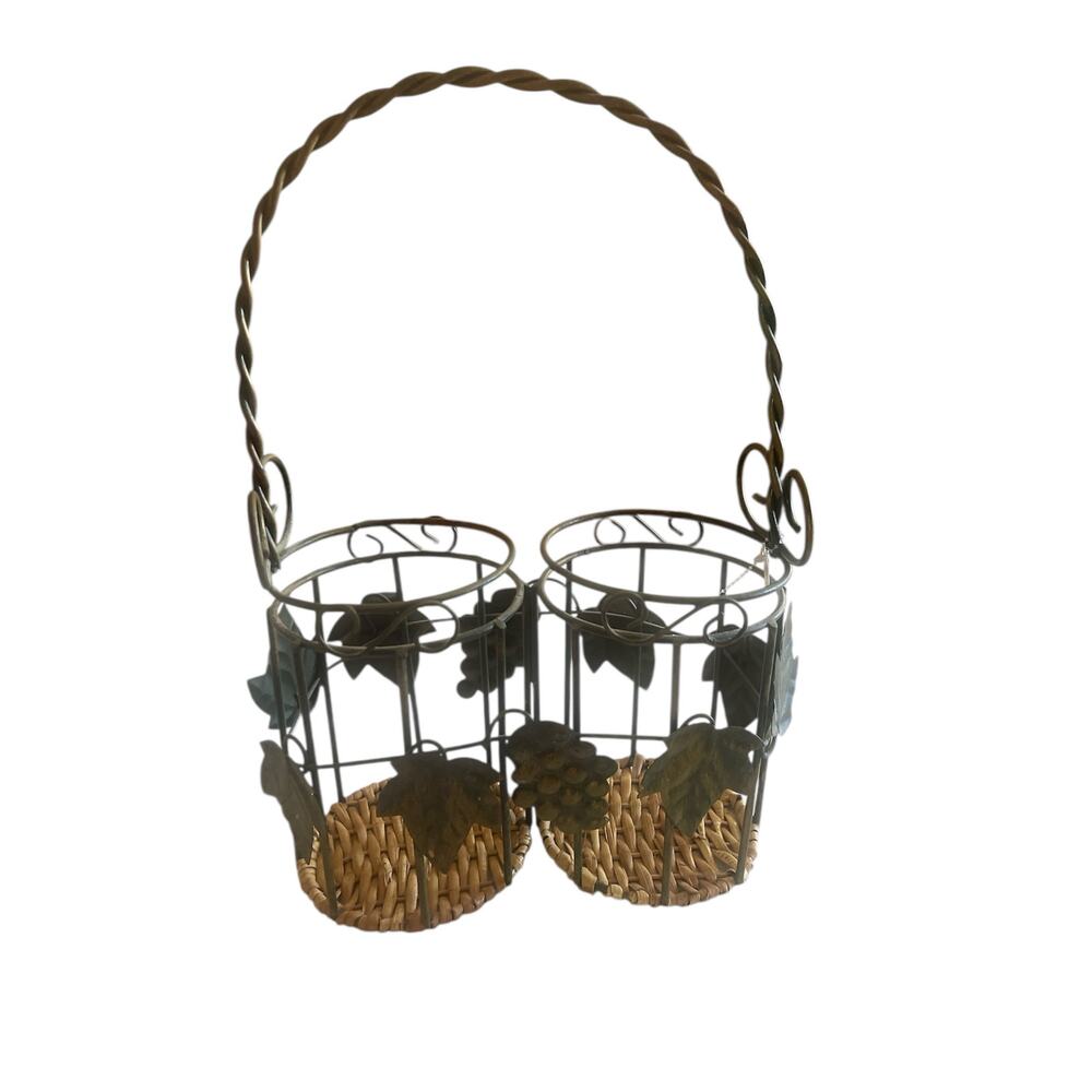 Metal & Wicker‎ Double Wine Bottle Basket with Handle & Grape Vine Motif